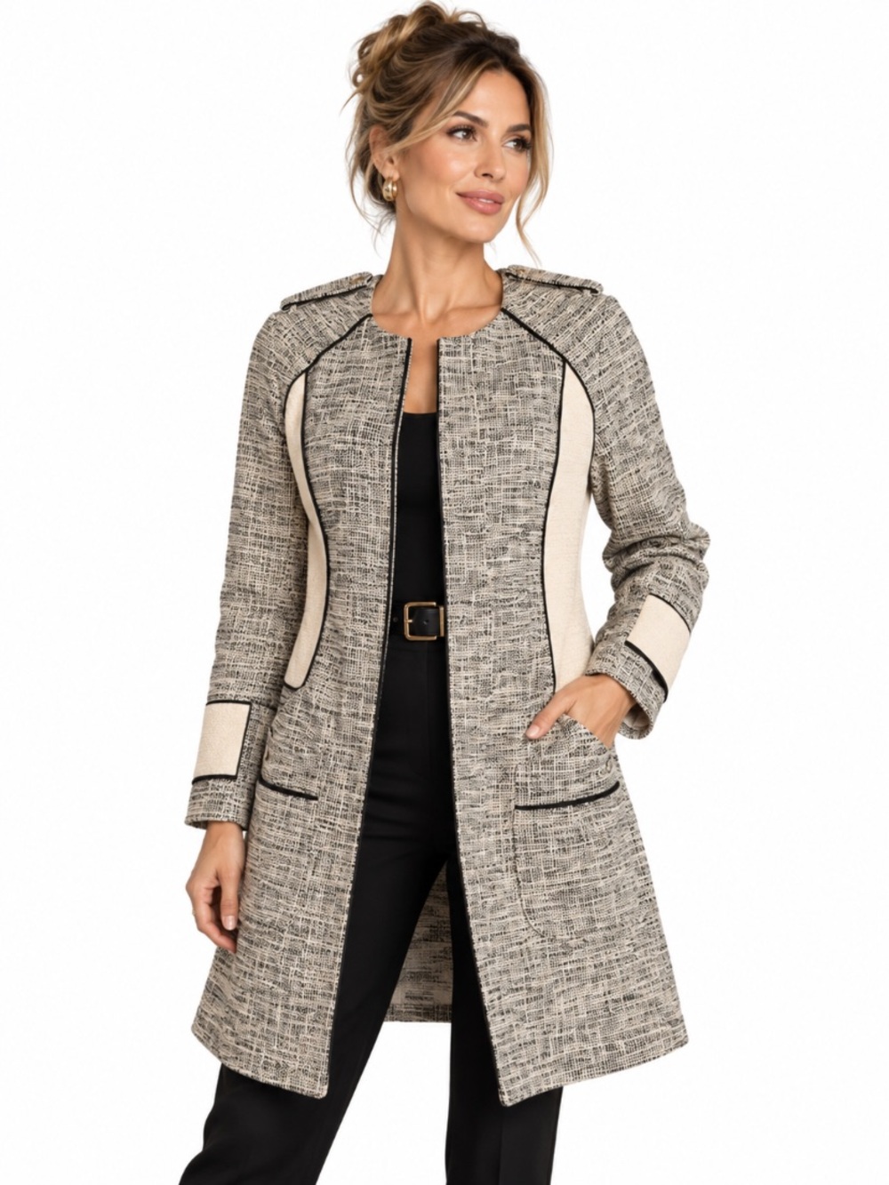H&M Textured Black Cream Quiet Luxury Tailored Parisian Chic Tweed Coat Size 10
